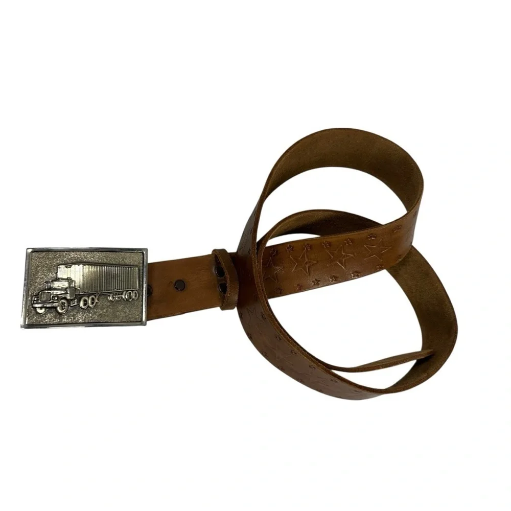 Vintage Brown Star Embossed Leather Belt with Semi Truck Metal Buckle
